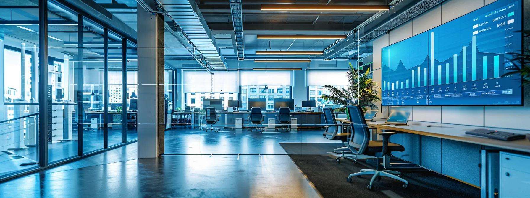 a modern commercial roofing office with a sleek digital dashboard displaying eco-friendly roofing materials and energy-efficient designs, illuminated by bright overhead lights, emphasizing the role of technology in advancing sustainability.