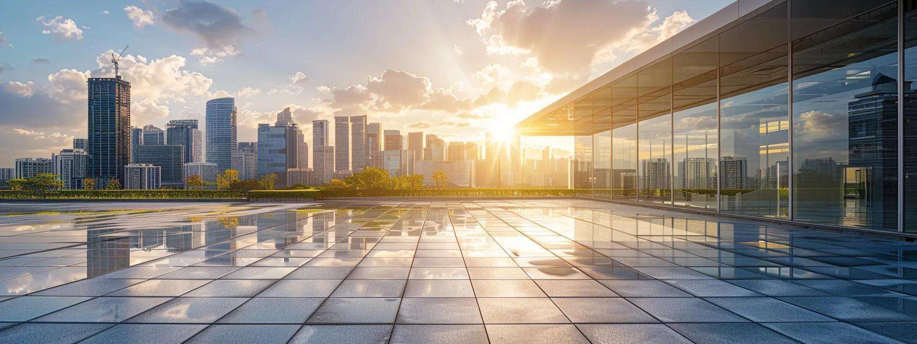 a modern commercial rooftop showcases sleek energy-efficient roofing solutions, including reflective materials and integrated green systems, under a bright urban skyline, emphasizing sustainability and advanced technology in building design.
