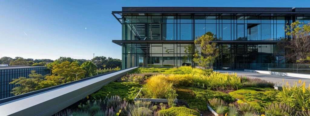a modern office rooftop teeming with vibrant green vegetation, showcasing innovative green roofing solutions that optimize energy savings for commercial buildings under a clear blue sky.