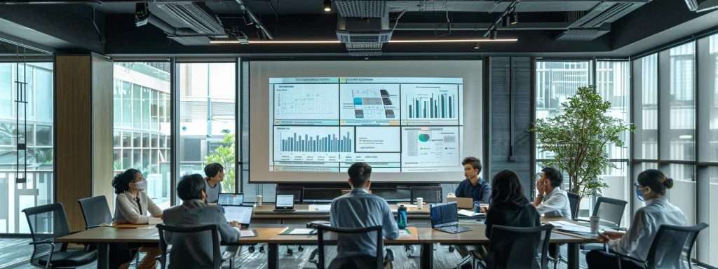 a modern office space features a sleek conference table surrounded by professionals engaged in a discussion, showcasing a detailed presentation on roof maintenance strategies with vibrant visuals displayed on a high-tech screen.