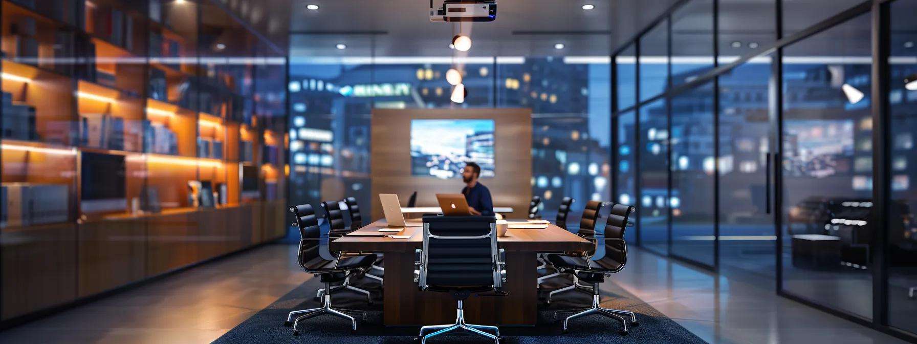 a professional office setting showcases a diverse portfolio of commercial roofing projects displayed on a sleek conference table, with a contractor engaging in a focused discussion with business owners, illuminated by bright overhead lights that highlight detailed images of various roofing types.