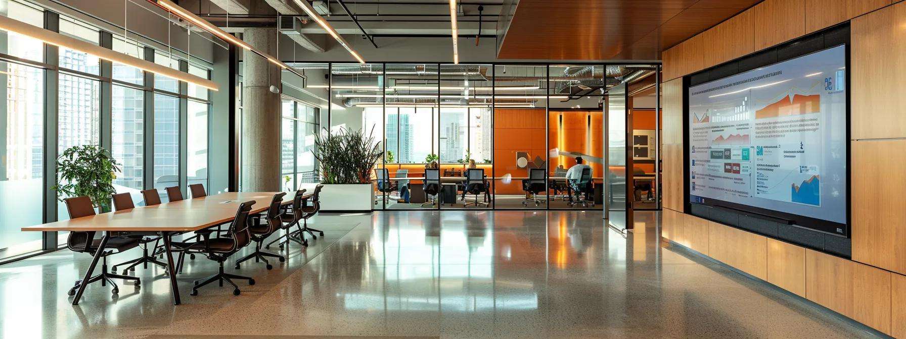 a sleek, modern office interior showcases a large digital display highlighting energy savings and efficiency metrics from upgraded commercial roofing systems, with engaged professionals discussing the financial benefits amid a backdrop of contemporary furnishings and technology.