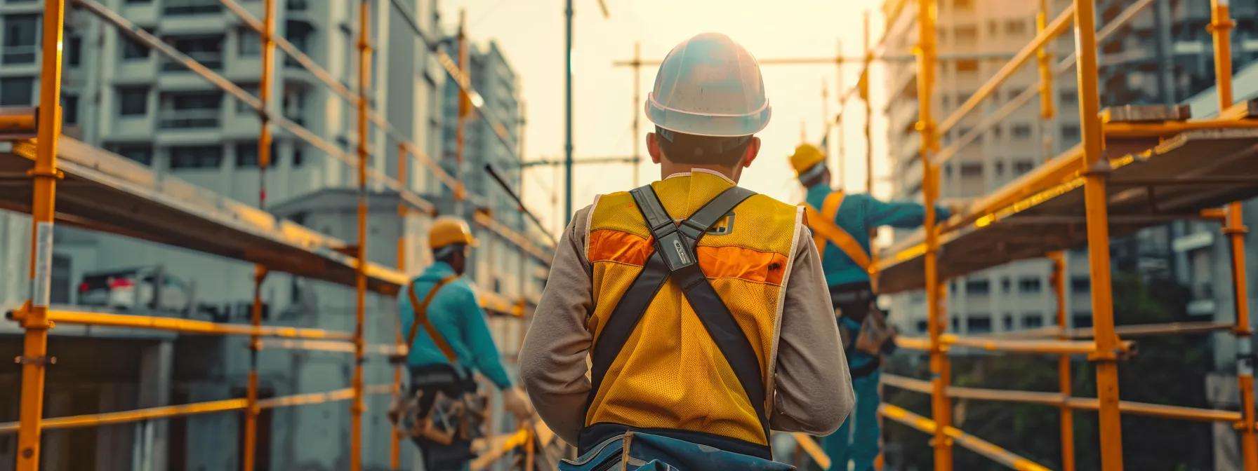 a team of professional contractors in hard hats meticulously inspecting a commercial roof, surrounded by scaffolding and safety equipment, highlighting the various stages of the detailed roof replacement process in a well-lit urban industrial setting.