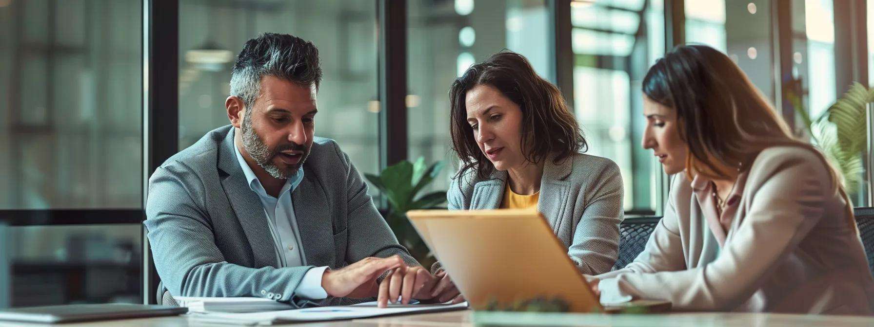 a focused business meeting in a modern office, featuring two professionals analyzing a detailed roofing project on a tablet, emphasizing the importance of selecting the right local commercial roofing contractor in north jersey.