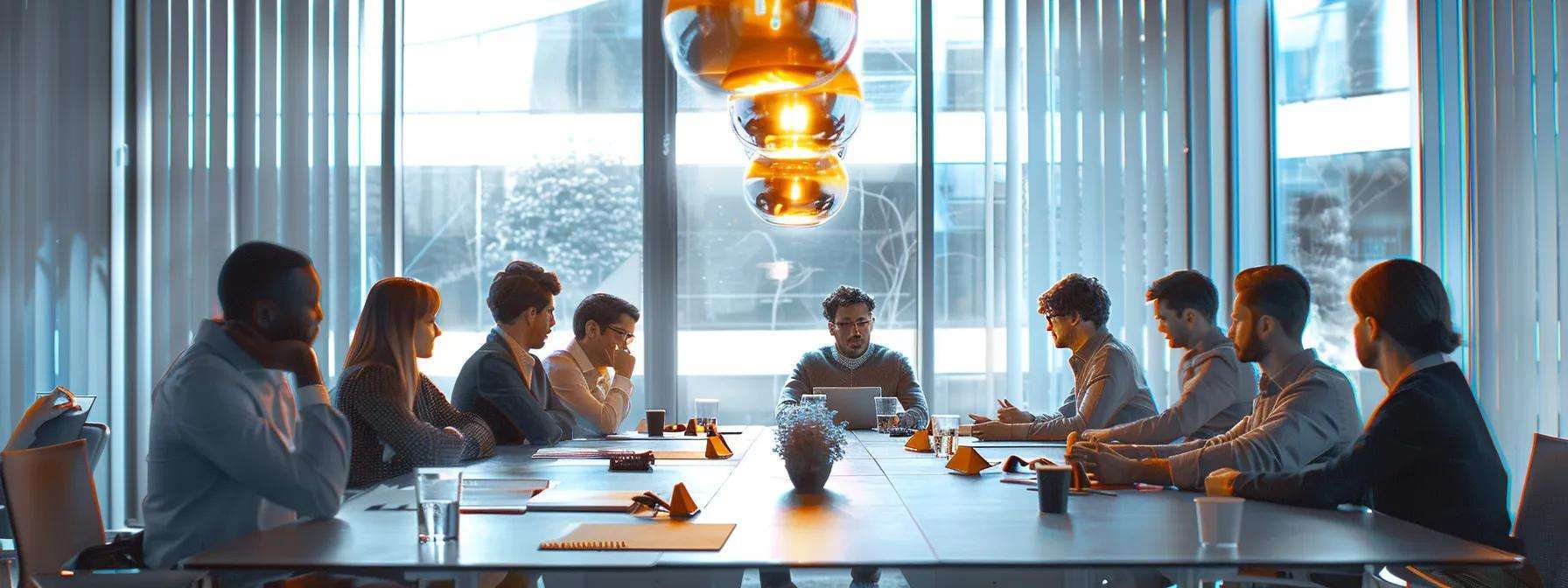 a focused meeting room scene features a diverse group of professionals intently discussing roofing material options over a sleek conference table, with detailed comparison charts and samples of tpo, epdm, and metal roofing laid out before them, illuminated by the warm glow of modern pendant lighting.