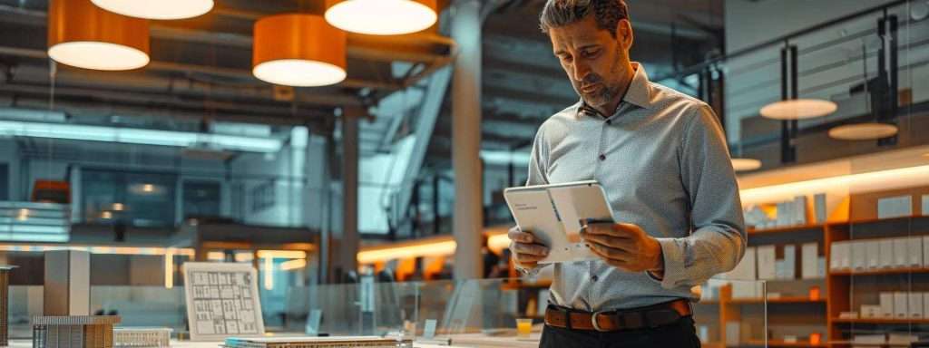 a polished office space features a commercial roofing contractor reviewing an inspection checklist on a sleek tablet, illuminated by vibrant overhead lights, with architectural plans and a small model of a building prominently displayed in the background.