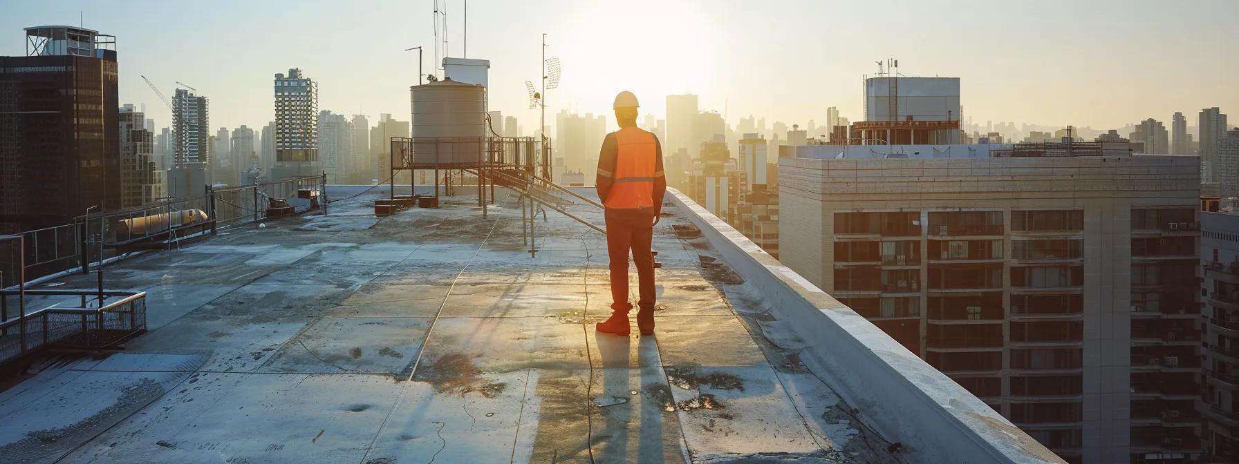 a professional inspector evaluates a multi-layered commercial roof from a secure vantage point on a building's rooftop, surrounded by urban skyline, showcasing advanced diagnostic equipment like infrared cameras against the backdrop of a clear, bright day.