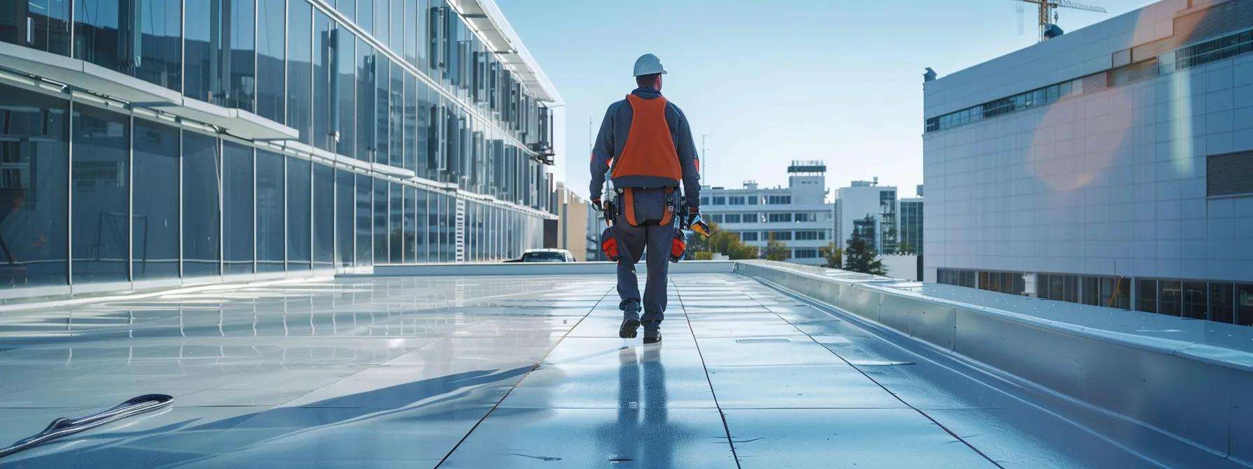a professional technician inspects a gleaming commercial roof with advanced tools, highlighting the focus on maintenance practices that enhance performance and longevity in an urban office building setting.