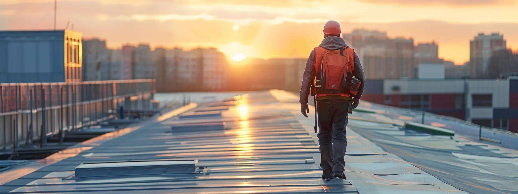 a sharp-focused image of a commercial roofing contractor inspecting a gleaming modern rooftop, surrounded by urban structures, emphasizing the importance of ongoing maintenance and support for longevity and performance.
