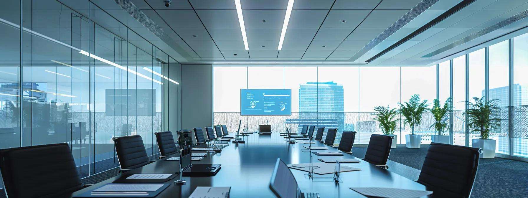 a sleek, modern office environment showcases a large conference table covered with meticulously organized cost and material assessment lists, highlighted by crisp documents and digital tablets displaying roofing project insights under bright, focused lighting.
