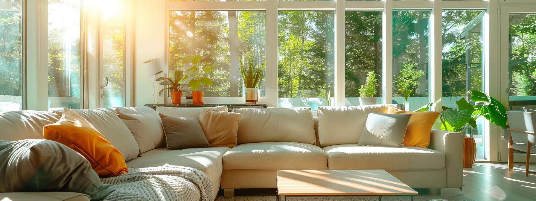 a bright, modern living room featuring stylish uv-blocking windows that subtly reflect the intense summer sunlight, showcasing vibrant interior furnishings and a cool, inviting atmosphere that highlights energy efficiency and comfort.