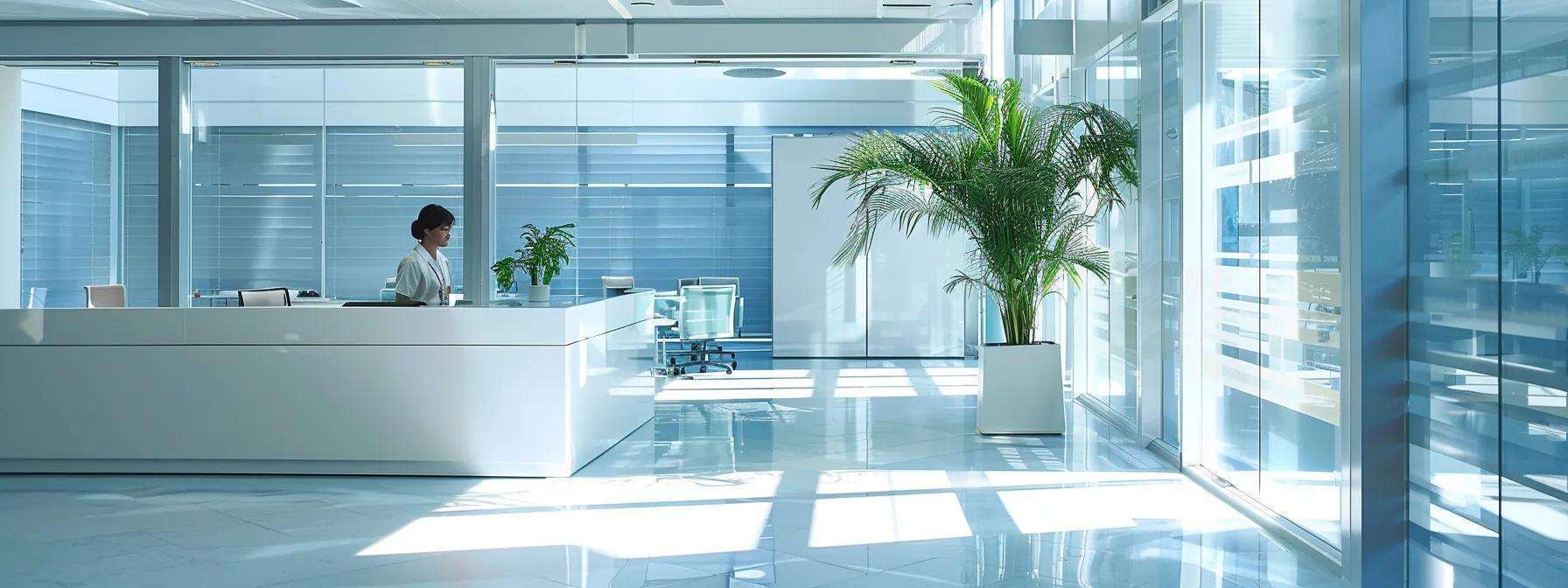 a bright, modern office space showcases sleek uv-blocking windows shimmering under the artificial lighting, with a professional inspecting them carefully, emphasizing the importance of maintenance for optimal summer heat protection.
