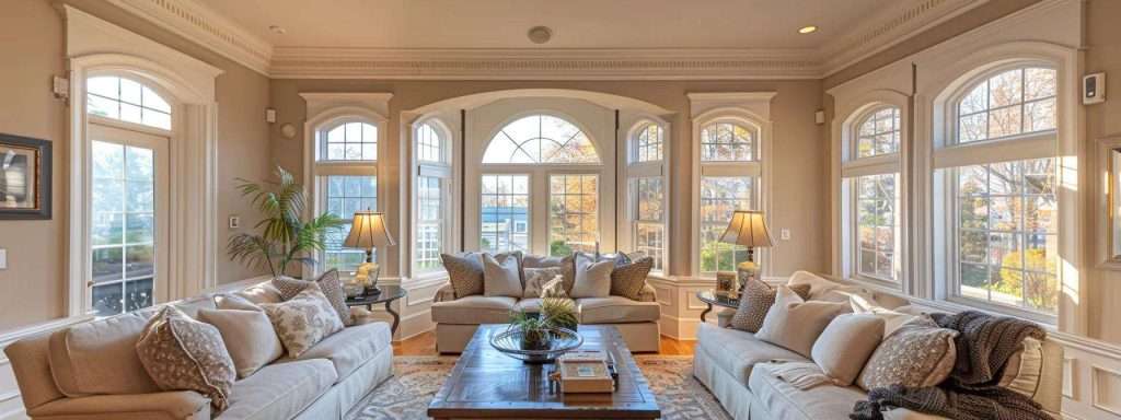 a captivating interior view of a traditional new jersey home showcasing the elegant beauty of five distinct window styles, each framed with ornate moldings and unique architectural details that highlight their classic charm against a cozy, well-furnished living space.