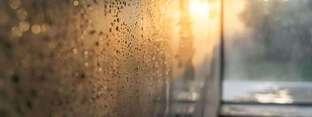 a close-up shot of a modern basement in new jersey, showcasing a fogged window with visible condensation patterns, illuminated by soft artificial lighting that highlights the interior's humidity problems and the surrounding walls displaying moisture-related damage.