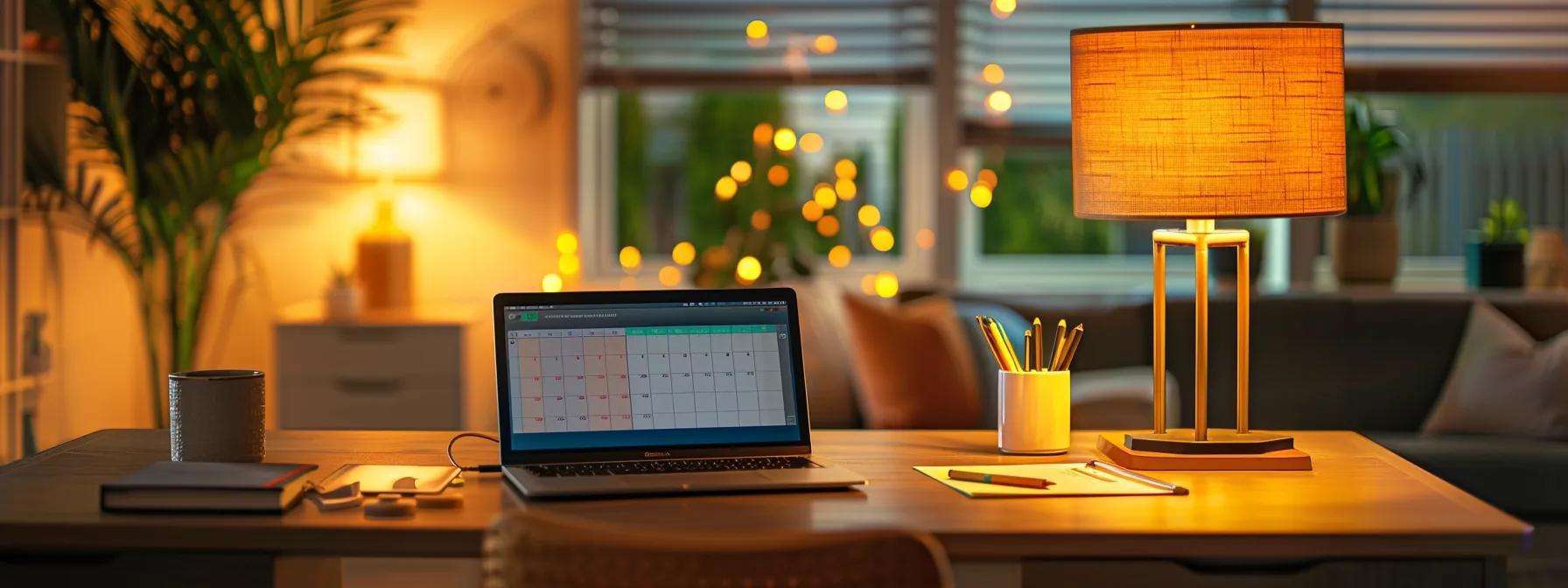 a focused interior shot of a modern home office with a laptop open to a window replacement financing application, featuring a sleek desk, organized paperwork, and a vibrant wall calendar, all illuminated by warm artificial lighting to convey a sense of productivity and decision-making.