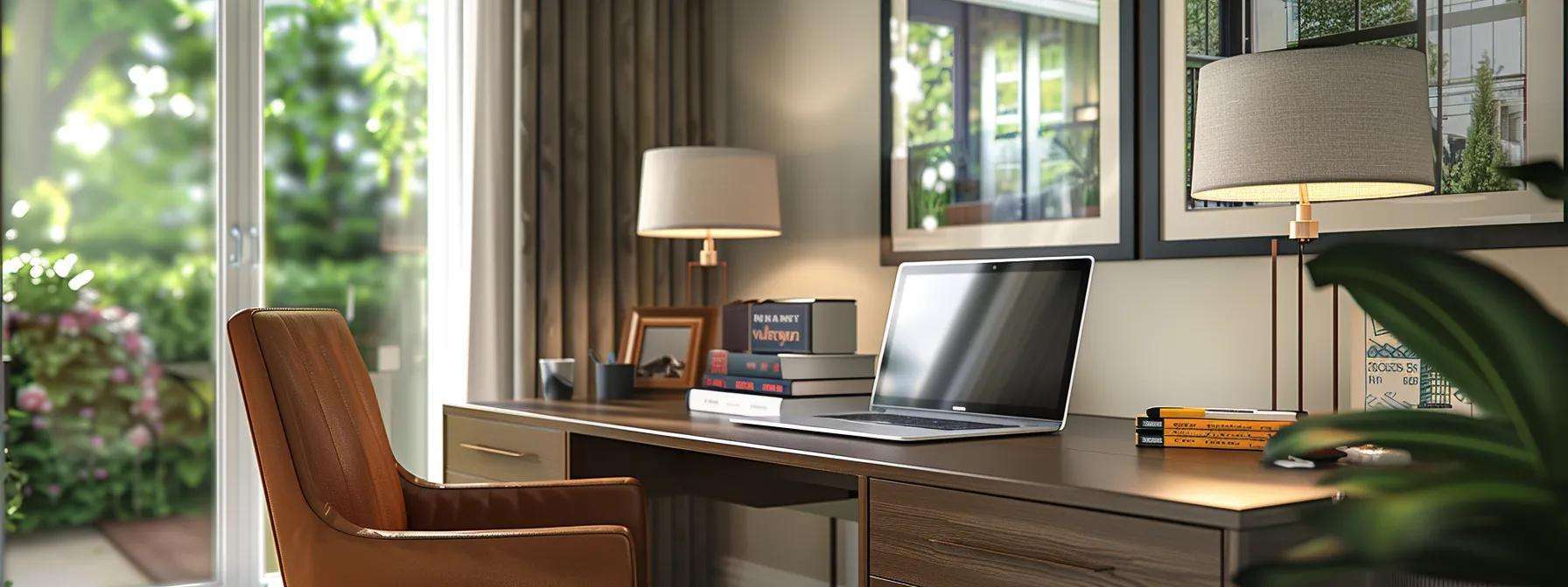 a focused interior shot of a modern home office, featuring a sleek desk adorned with a laptop and window installation brochures, conveying a sense of preparation and professionalism in a home improvement project.