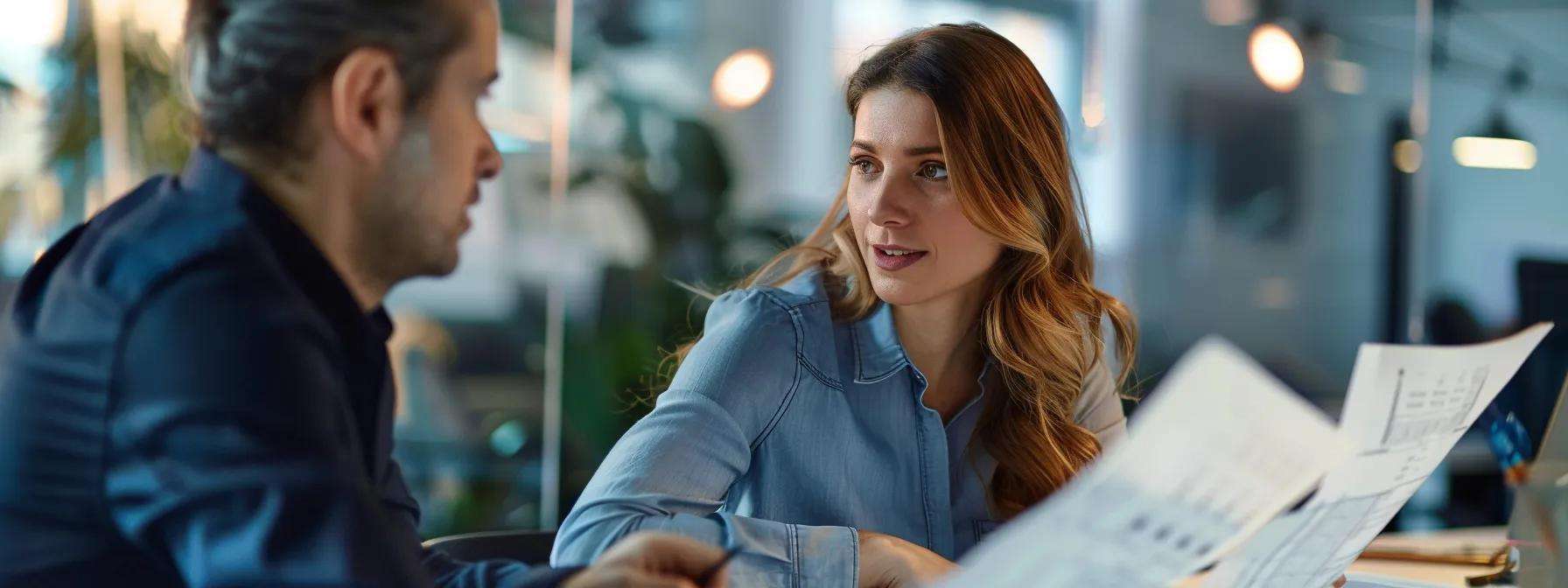 a focused scene in a sleek, modern office features a professional consultant engaged in a detailed discussion with a homeowner, surrounded by blueprints and compliance documents, illuminated by warm, ambient lighting that highlights their expressions of determination and concern.