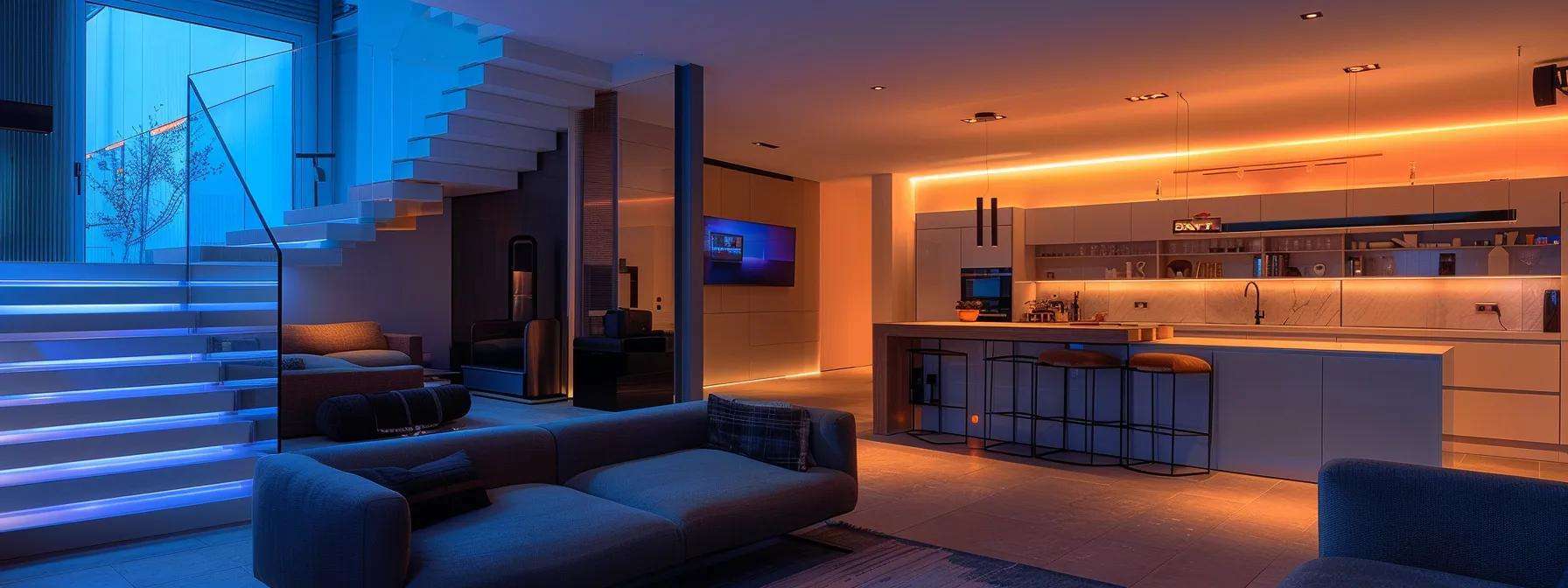 a modern basement interior showcases energy-efficient windows and high-tech ventilation systems, bathed in warm artificial lighting, emphasizing the sleek design that combats condensation and enhances air quality.