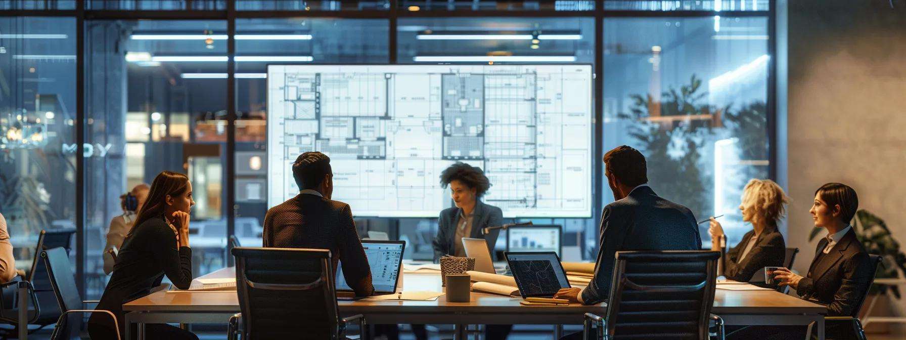 a modern, bustling urban office space with workers collaborating around a large conference table, focused on detailed blueprints and a digital display showcasing the step-by-step phases of a window replacement project, illuminated by bright, artificial lighting.