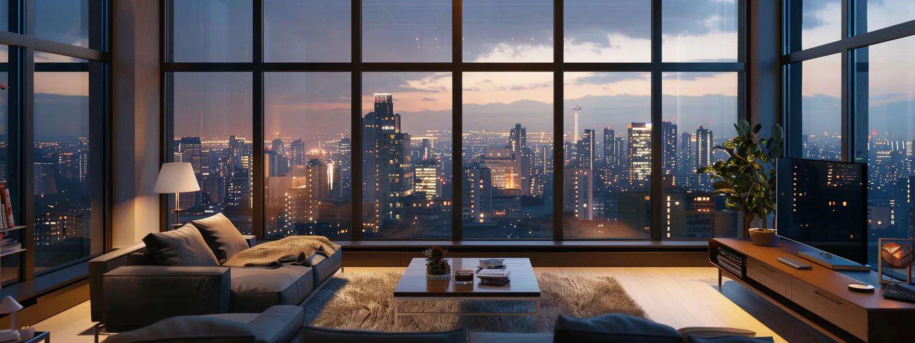 a modern, energy-efficient home interior featuring sleek storm windows, showcasing reflective low-e coatings and a clear view of the urban skyline, with a cozy atmosphere highlighted by soft indoor lighting to emphasize comfort and insulation benefits.