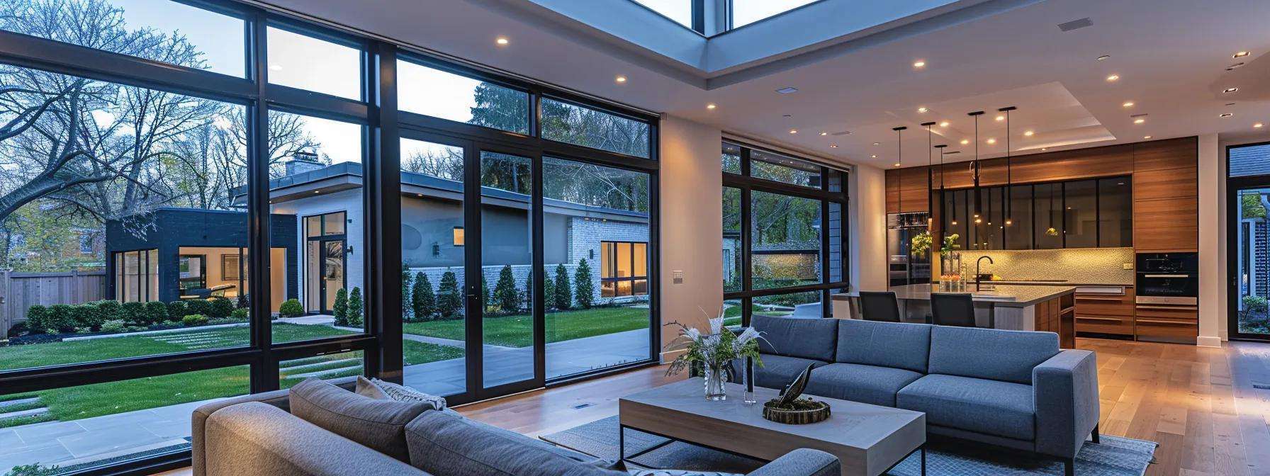 a modern home showcasing sleek storm windows gleaming under professional indoor lighting, exuding energy efficiency and stylish design, situated within an upscale new jersey neighborhood backdrop.