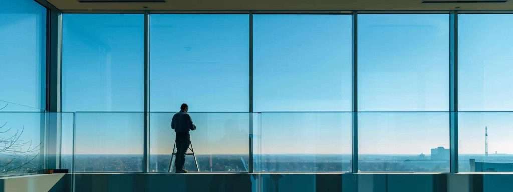 a modern new jersey home displays a skilled technician installing sleek storm windows, highlighting the contrast between the pristine glass and the urban backdrop of vibrant architectural silhouettes.
