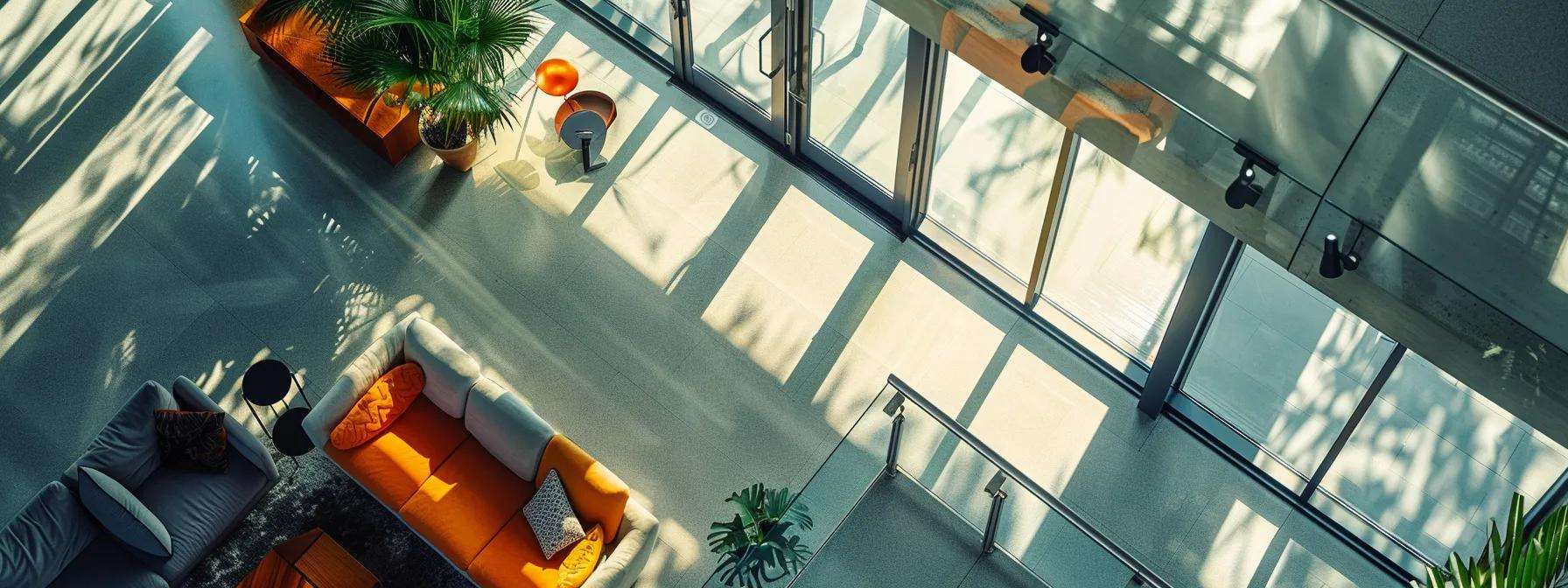 a modern new jersey home interior showcases sleek soundproof windows with a multilayer design, highlighting the contrast between the tranquil indoor space and the bustling urban noise outside.