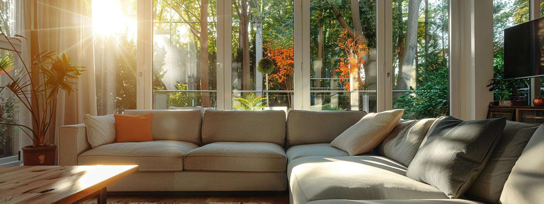 a modern new jersey home interior showcases a close-up view of replacement windows, highlighting visible wear and gaps in the frames amidst an urban backdrop, illustrating the impact of the state's diverse climate on window maintenance.