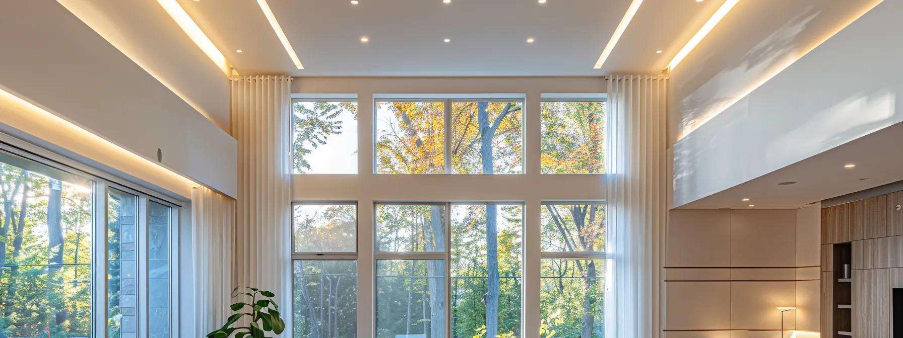 a modern new jersey home interior features sleek, energy-efficient windows gleaming under bright overhead lights, showcasing their seamless integration into the contemporary design while emphasizing the importance of compliance with building codes for enhancing property value.