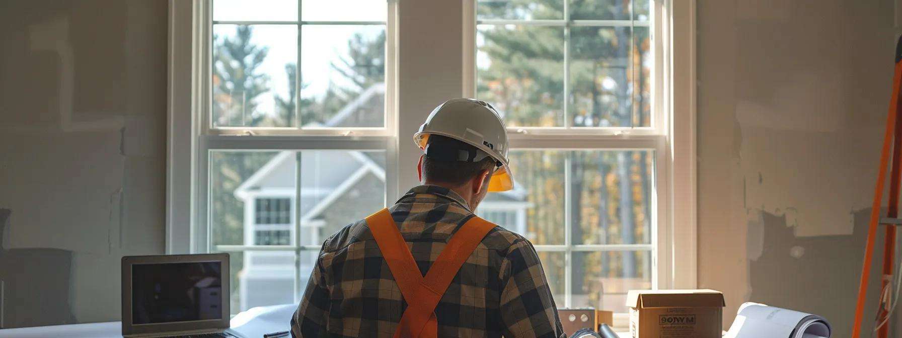 a modern new jersey home showcasing the window replacement process, featuring a skilled professional inspecting existing windows with blueprints and energy-efficient replacement options laid out on an elegant office desk.