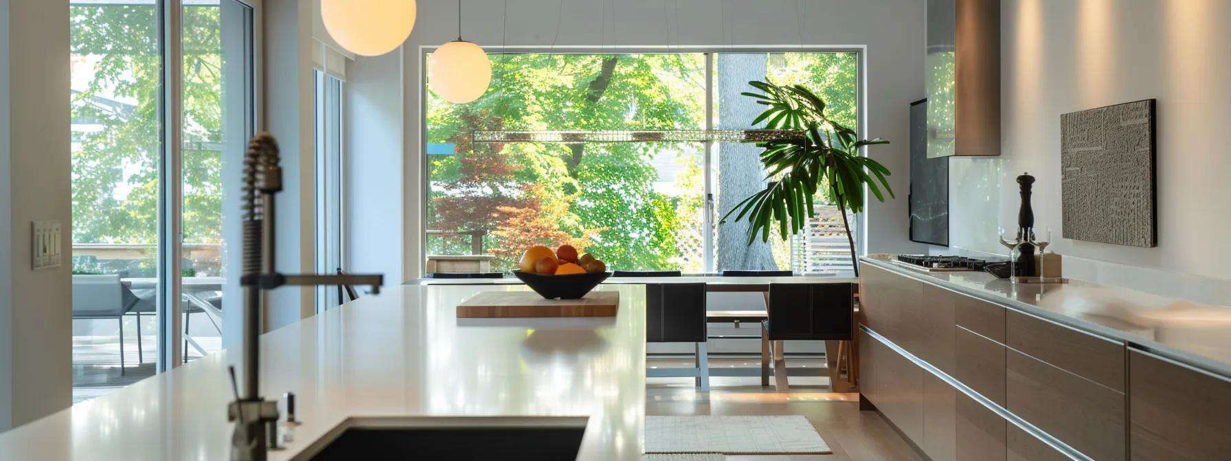 a modern new jersey kitchen showcases gleaming, energy-efficient storm windows, with a professional contractor discussing financing options with a homeowner amidst sleek design elements and ambient indoor lighting.