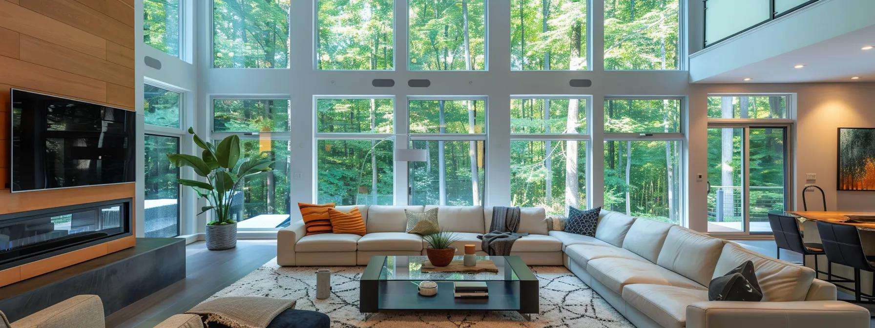a modern new jersey living room showcases upgraded, energy-efficient windows equipped with advanced safety features, illuminated by sleek overhead lighting that highlights their stylish design amidst a contemporary interior.