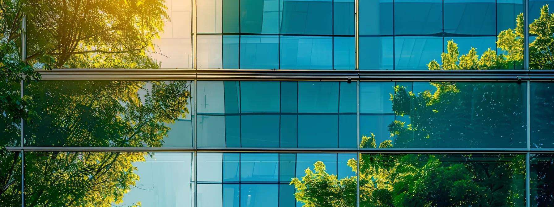 a modern office building in new jersey showcases sleek green building windows, reflecting the urban skyline while emphasizing sustainability through its eco-friendly design and energy-efficient features.