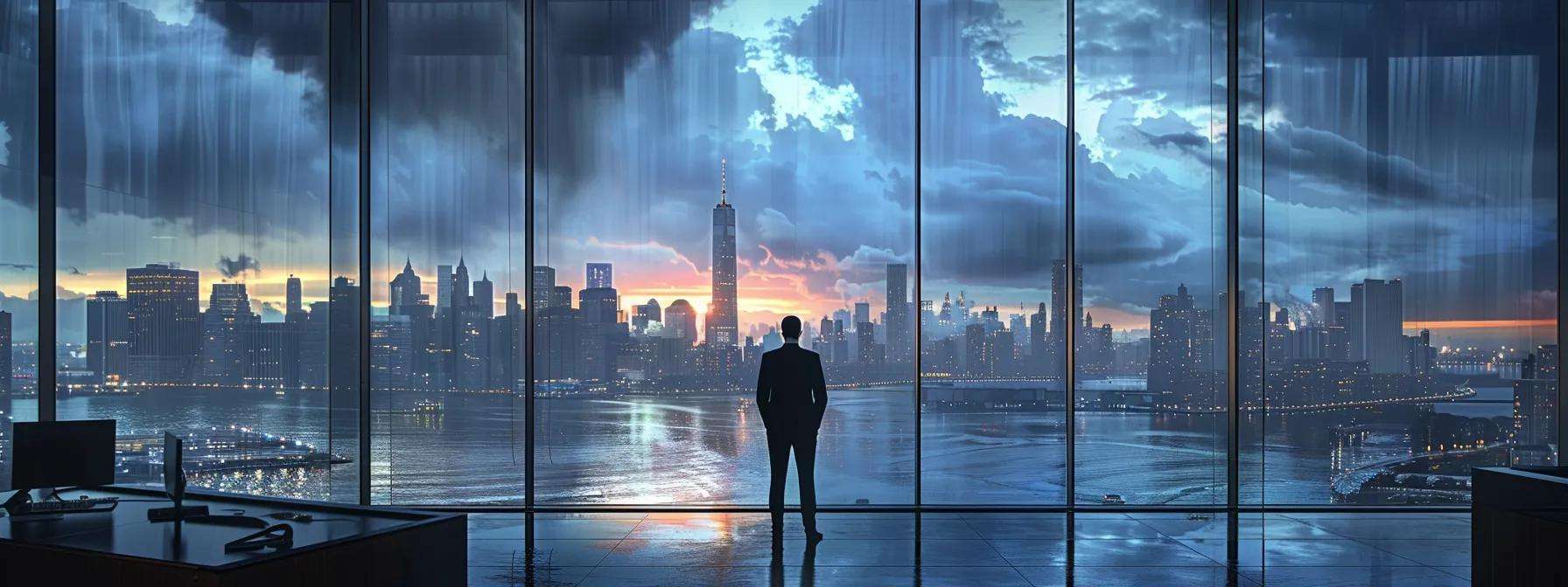 a modern office setting features an expert analyzing advanced window models displayed against a backdrop of a stormy coastal skyline, highlighting the impact of coastal new jersey's harsh weather on window performance.