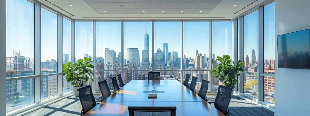 a modern office setting features a sleek conference room with large energy-efficient windows reflecting vibrant city views, symbolizing the impactful benefits of tax credits and incentives in new jersey.