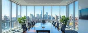 a modern office setting features a sleek conference room with large energy-efficient windows reflecting vibrant city views, symbolizing the impactful benefits of tax credits and incentives in new jersey.