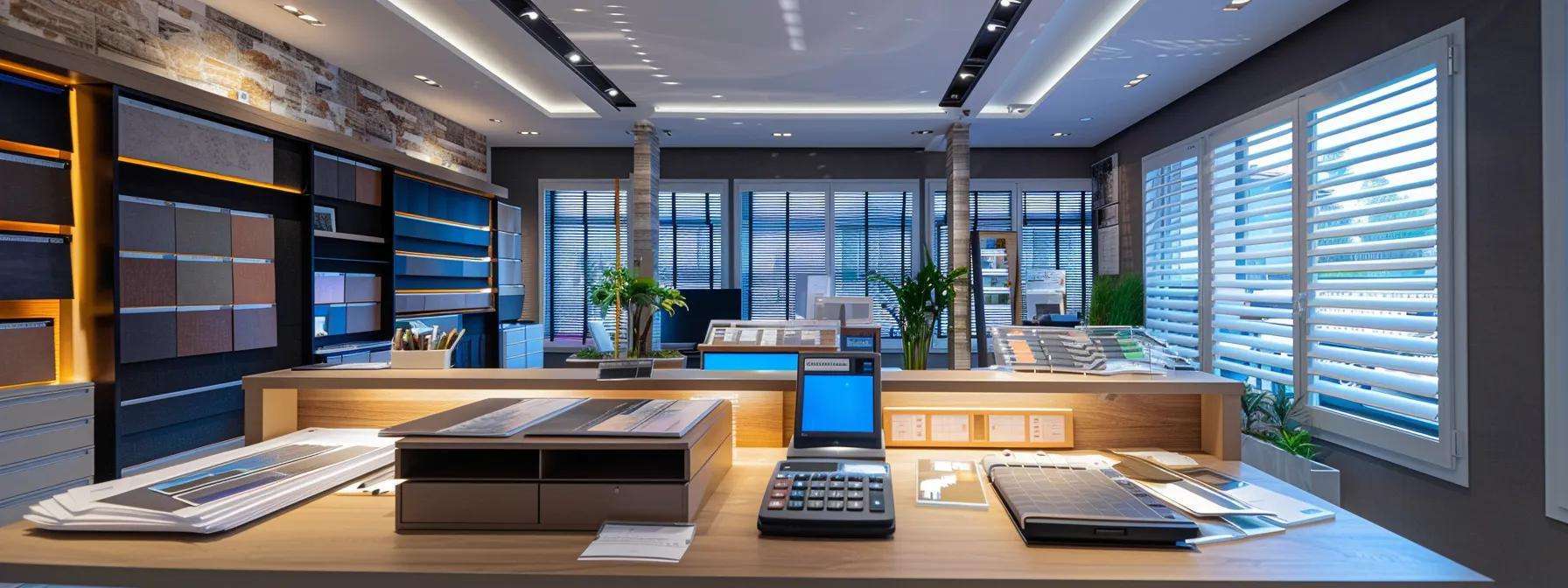 a modern office setting features a detailed display of various window samples alongside a sleek desk with a calculator and budgeting documents, all illuminated by focused artificial lighting to emphasize the practicality and investment aspects of window replacement in new jersey.