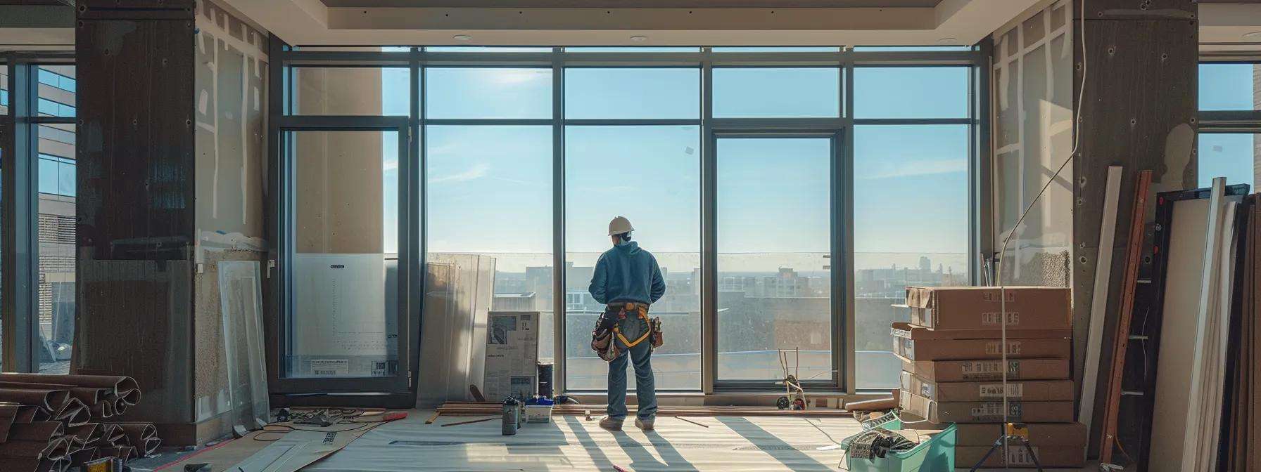 a modern office setting showcases a skilled contractor measuring a distinctive window type against a backdrop of partially framed walls and a detailed blueprint, highlighting the intricate design and installation process of window replacements in new jersey.