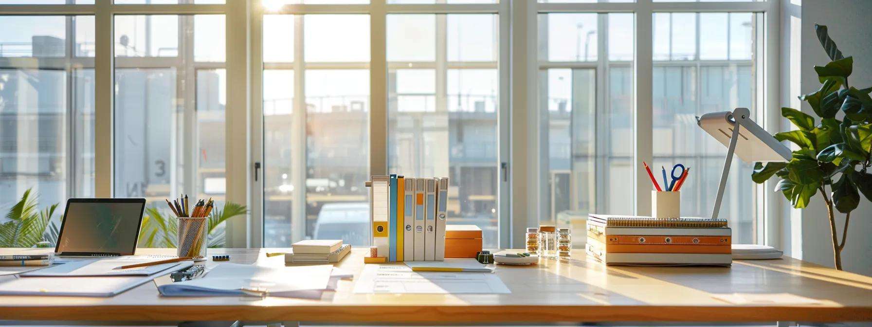 a modern office workspace features a gleaming set of replacement windows being meticulously inspected and maintained, with organized checklists and tools neatly arranged on a stylish desk, highlighting the importance of regular upkeep in prolonging their lifespan.