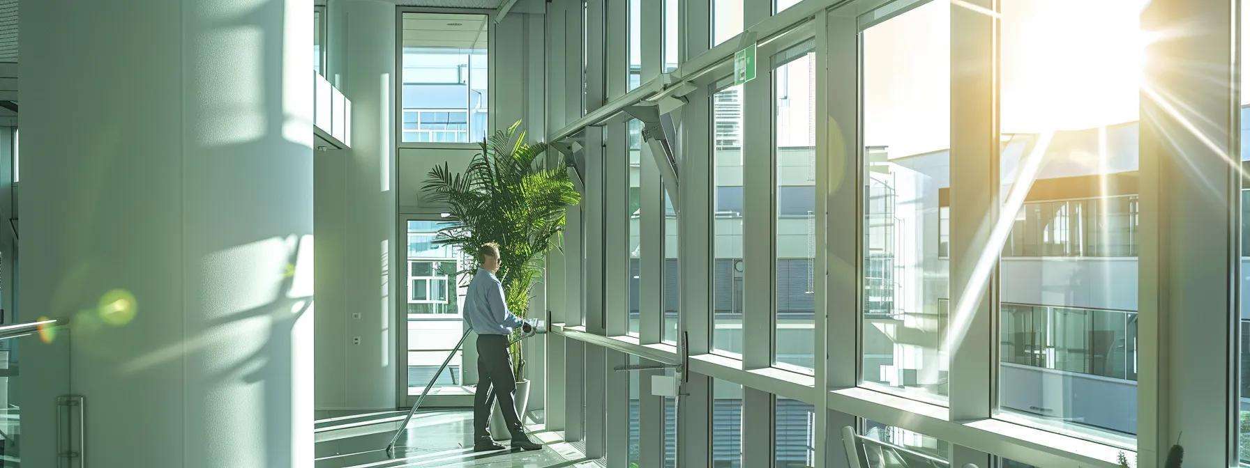 a modern, sleek office setting showcases a skilled technician expertly installing energy-efficient windows, highlighting the precision and quality of professional installation in a bright, well-lit environment.