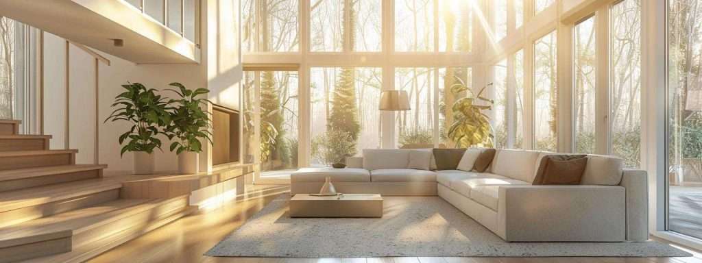 a modern, stylish home interior showcases freshly installed windows, allowing bright, clear light to fill the space, highlighting the dramatic impact on aesthetic appeal and perceived home value.