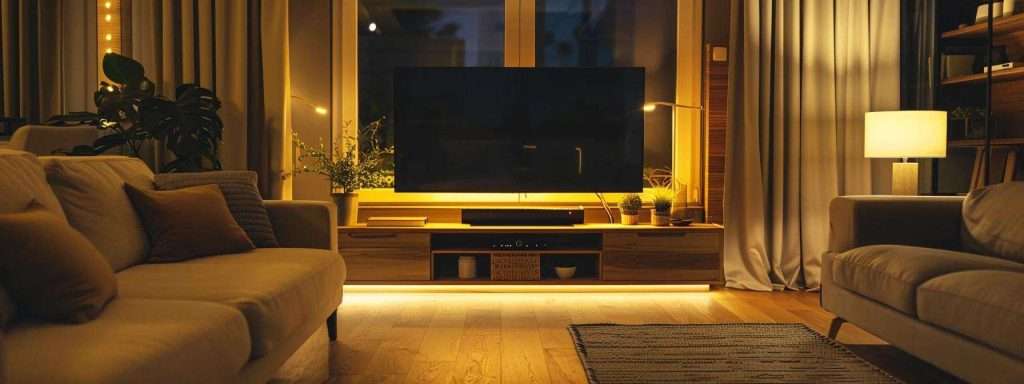 a modern, stylish living room features childproof windows with sleek, impact-resistant glass, illuminated by warm interior lighting that enhances the safe, inviting atmosphere.