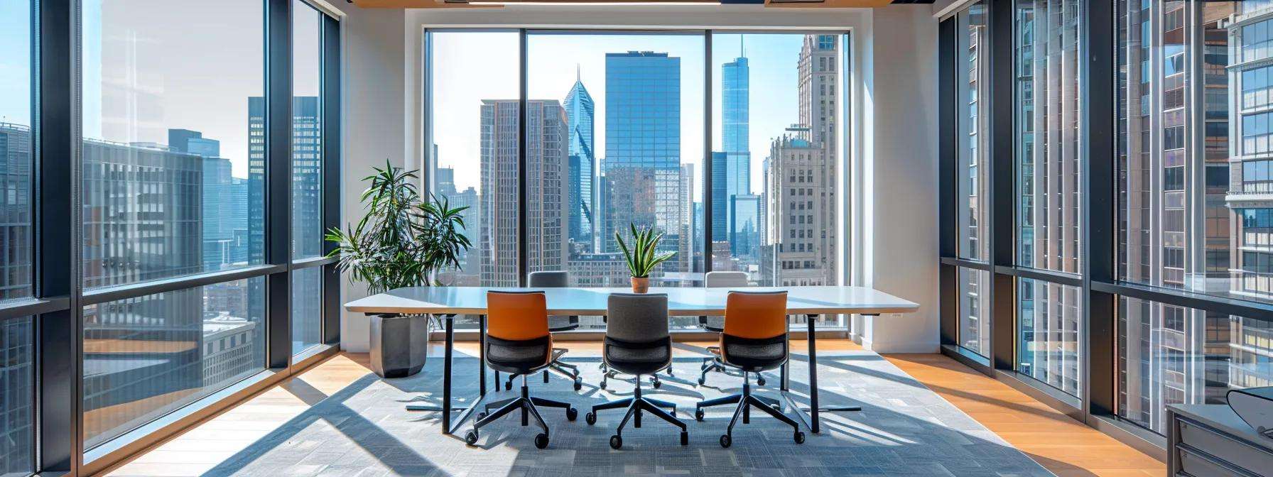 a modern, stylish office space with sleek replacement windows, showcasing clear views of the urban skyline, emphasizing the contrast between old, deteriorating windows on one side and newly installed, energy-efficient windows on the other, highlighting the benefits of replacement over repair.