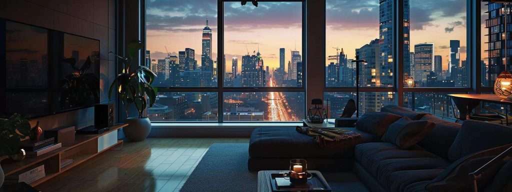 a modern urban apartment interior showcases sleek replacement windows, highlighting their stylish soundproofing features while busy city streets buzz outside, illustrating a serene contrast between the tranquil living space and the chaotic environment beyond.