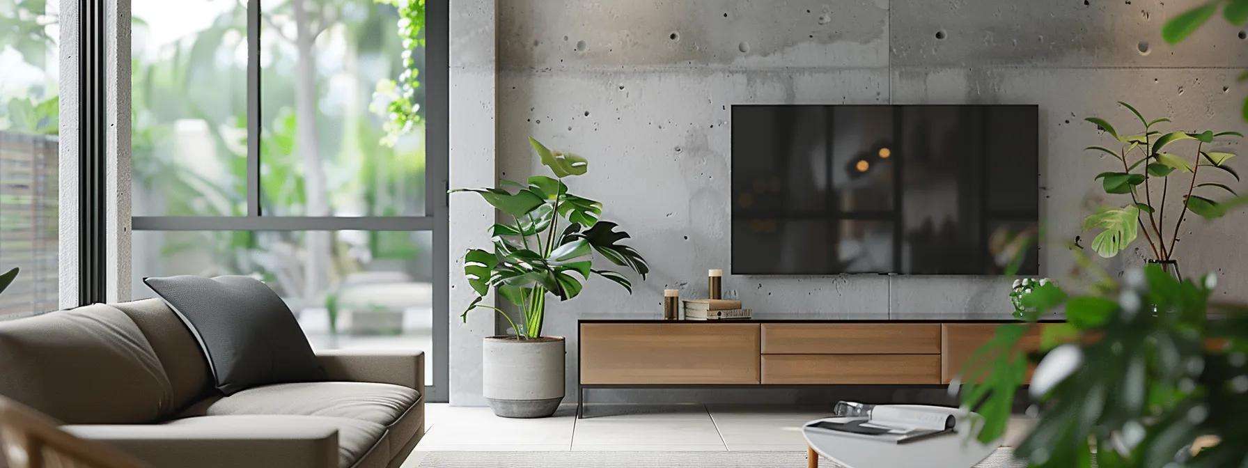 a modern urban living room showcases a sleek, double-pane storm window featuring a minimalist aluminum frame, highlighting its energy-efficient glass while casting a polished reflection of the chic interior design.