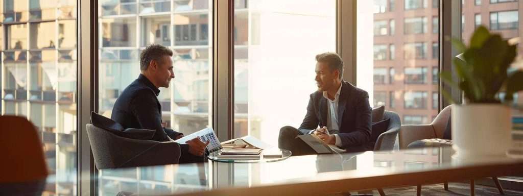 a modern urban office space features a professional consultant engaging in a detailed conversation with a client, surrounded by sleek window samples and informative brochures about window replacement financing options.