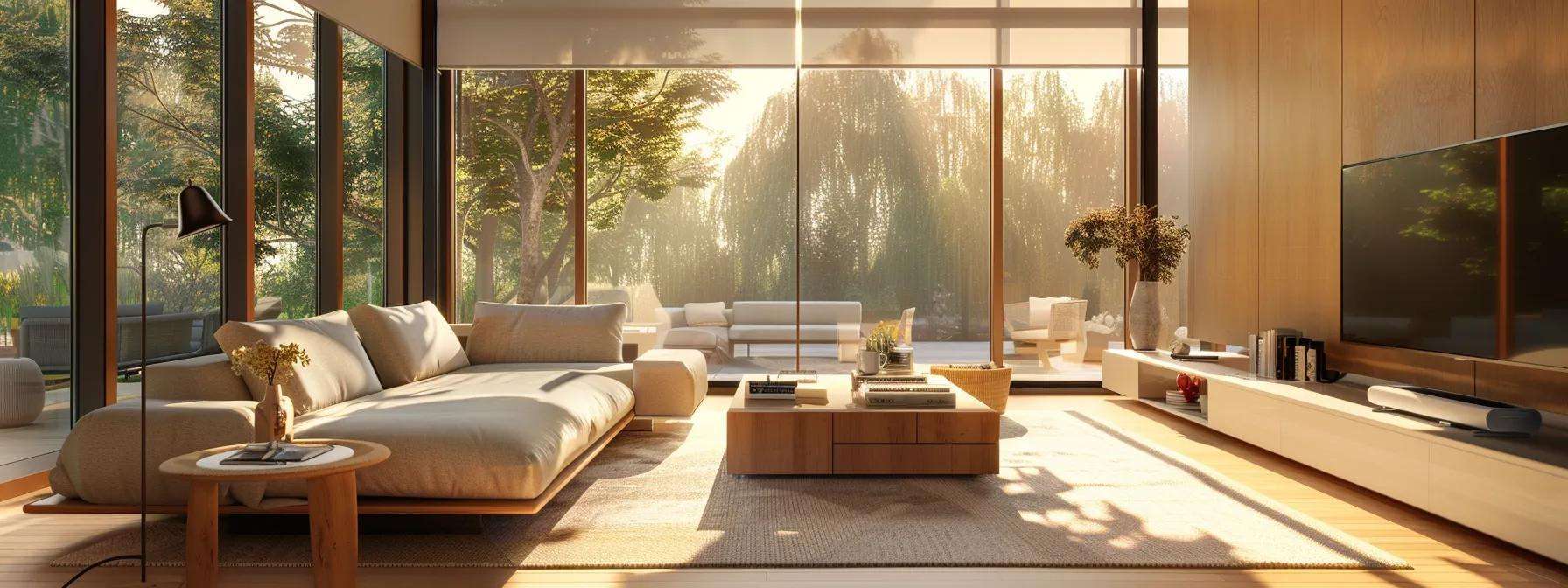 a modern, well-lit living room showcases energy-efficient windows, emphasizing sleek designs and a cozy atmosphere, highlighting the impact of window replacement on energy savings and comfort.