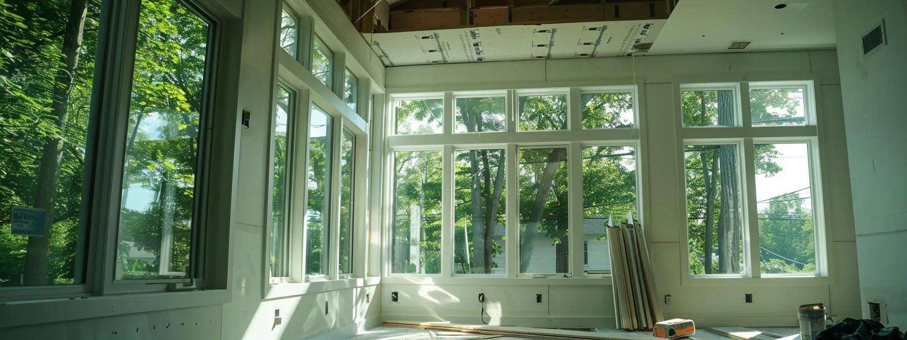 a professional contractor meticulously installs sleek, energy-efficient windows in a modern, well-lit new jersey home, showcasing the precision and care that ensures compliance with local building codes and enhances aesthetic appeal.