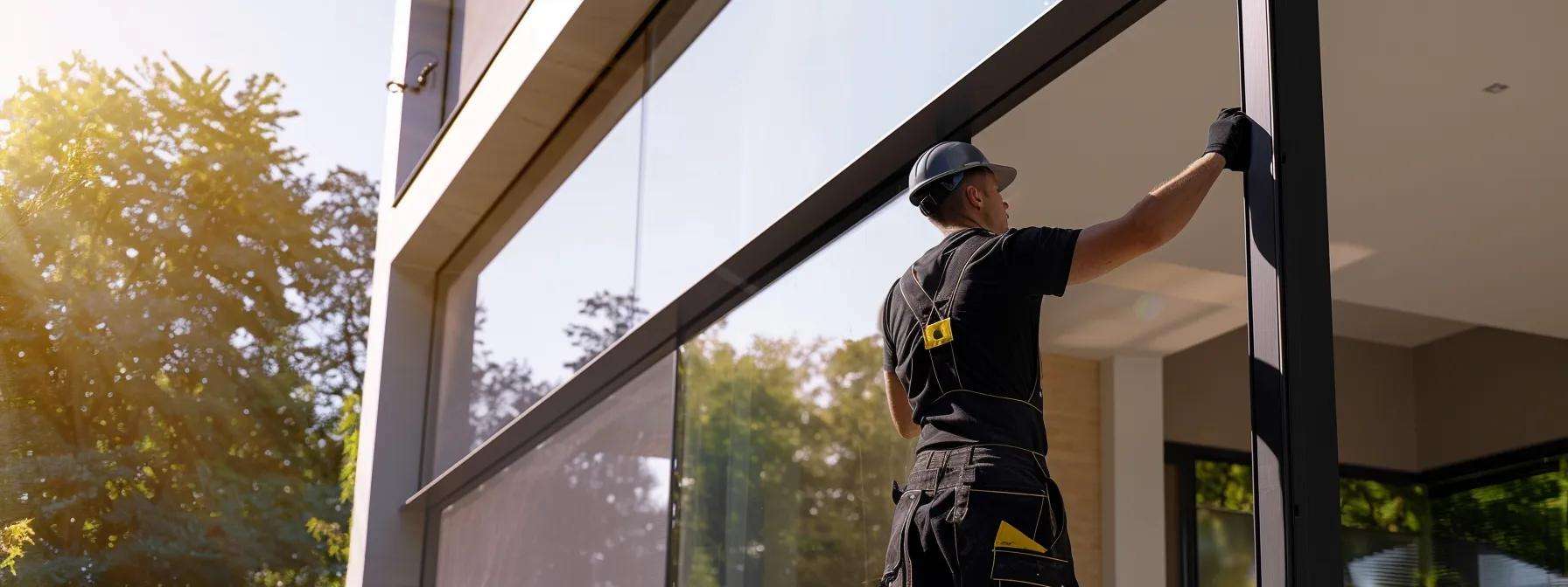 a professional installer, clad in a branded uniform, meticulously adjusts a sleek new window in a modern new jersey home, showcasing the precision and expertise that defines quality window installation services.