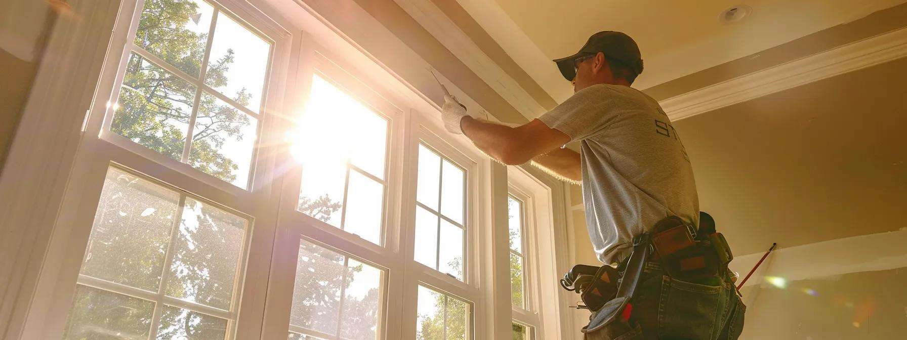 a professional installer meticulously aligns a sleek, modern storm window within a well-lit, tidy home interior, highlighting the blend of functionality and aesthetics as they prepare for a precise fit.